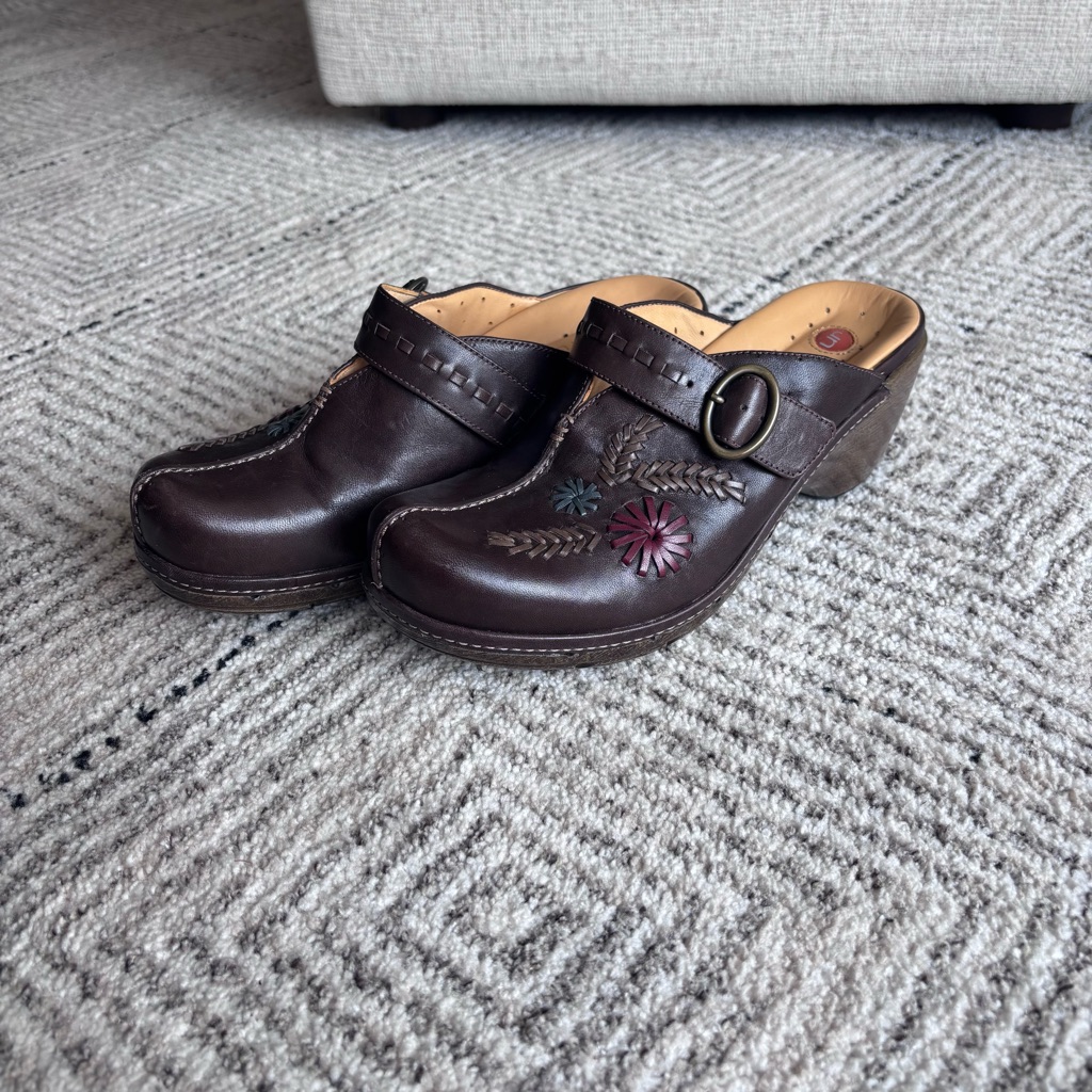 Clark’s Brown Leather Women's Clogs With Floral Design